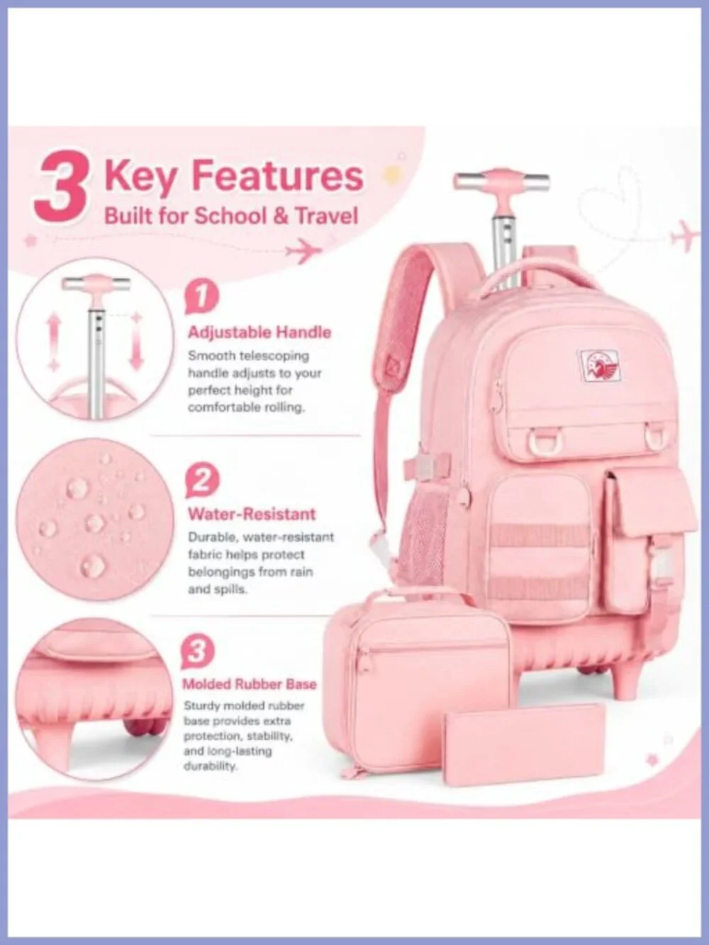Rolling Backpack 3-in-1 Set Wheeled Bookbag Lunch Bag Water Resistant